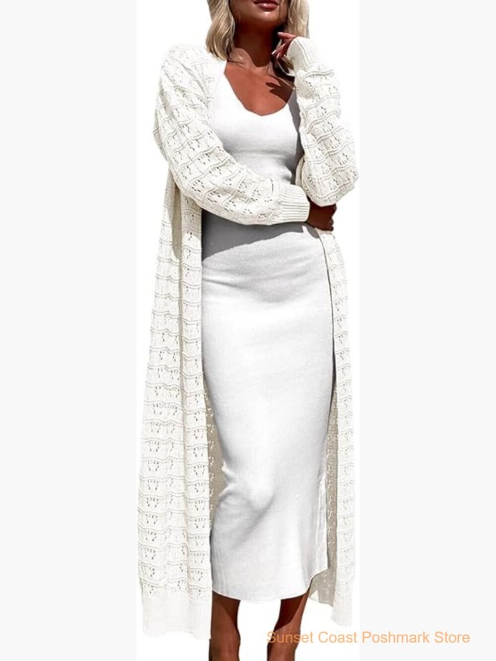 Crochet Maxi Cardigan Open Front Knit Long Sleeve Lightweight Duster